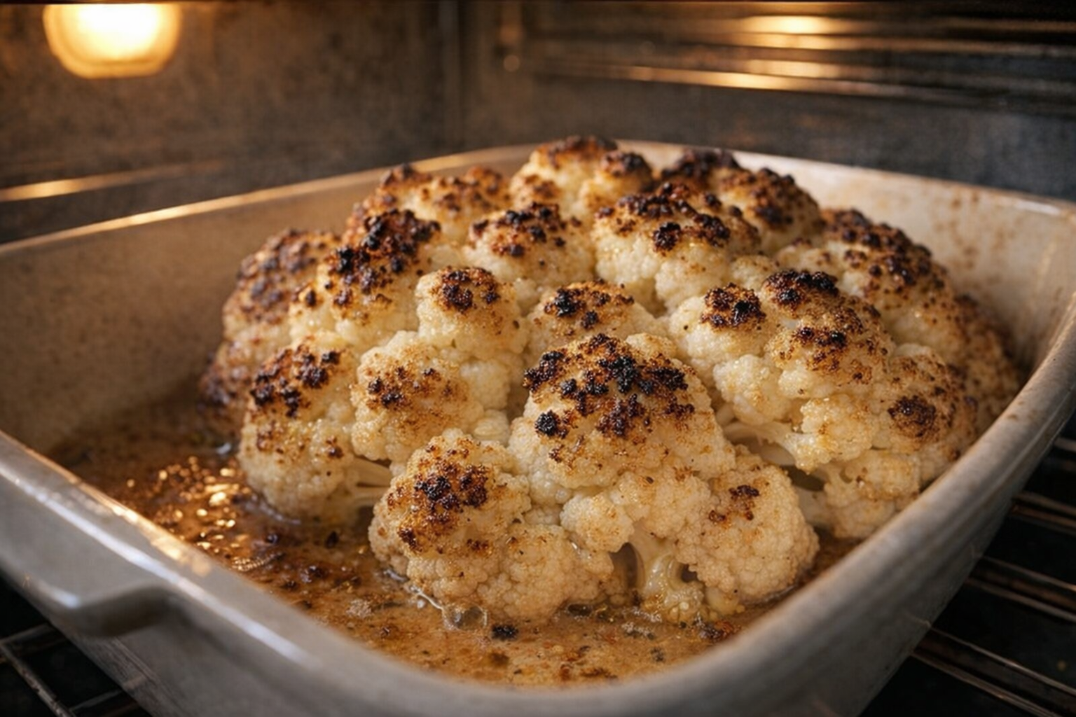 A close-up shot of a cauliflower roasting in the oven, the florets are starting to brown and caramelize. The oven light is on, providing a warm glow.